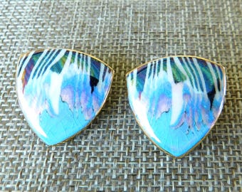Vintage Handcrafted Porcelain Earrings: Colorful Striated Design, Gold Leaf Detail