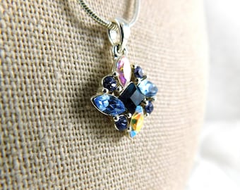 Vintage '90s Aurora Borealis Crystal Necklace: Blue Square Pendant, Silver Chain
