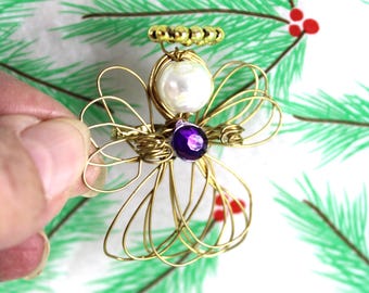 Vintage '90s Hand Crafted Gold Wire Angel Pin: Faux Pearl/Beaded Halo, Holiday Jewelry