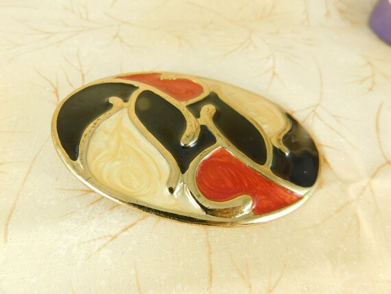 Vintage Enameled Buckle in Red, Black & Cream Swi… - image 3