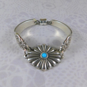 Sterling Silver & Silver Alloy Southwest Bracelet, Size 6.5-Non Adjustable, Santa Fe Bracelet, Faux Turquoise and Silver Bracelet, Southwest