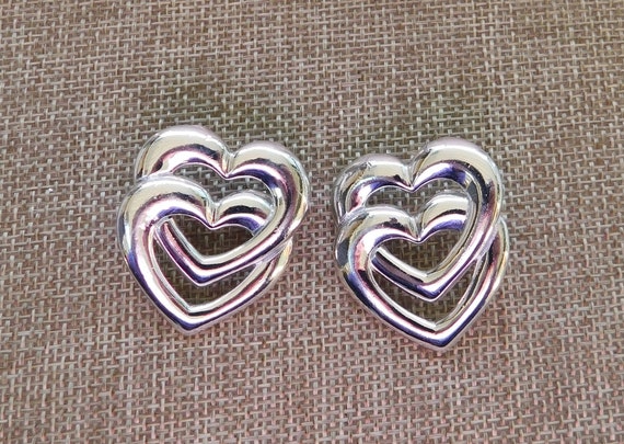Vintage Silver Interlocking Double Heart Earrings… - image 2