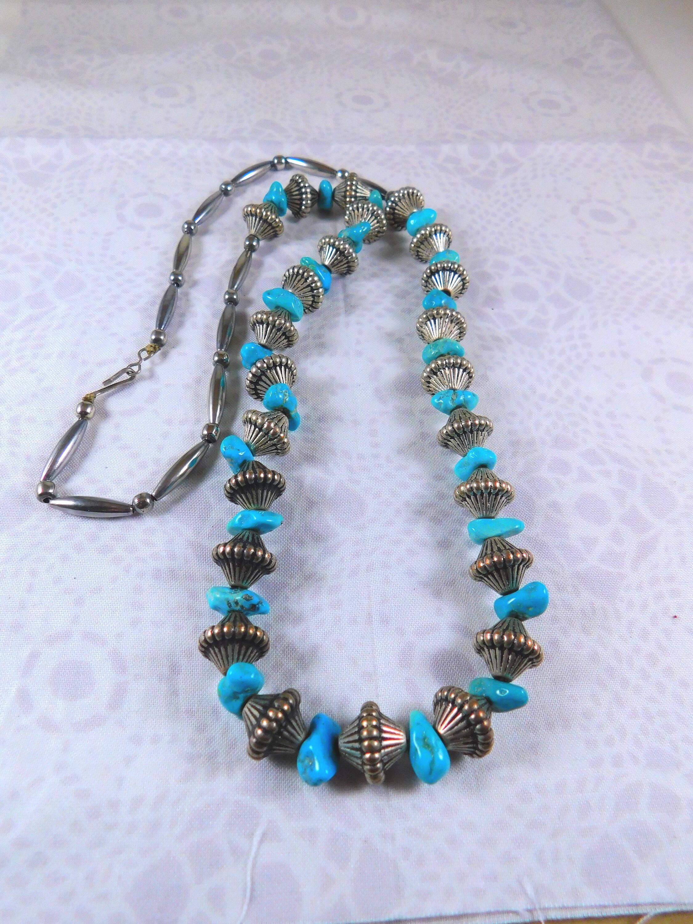Vintage '60s Southwest Genuine Turquoise & Silver Beaded Necklace