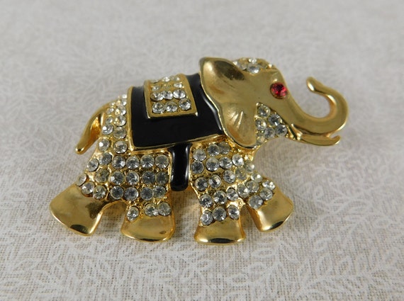 Gold Plate, Enamel & Crystal Pave' Elephant Brooc… - image 2