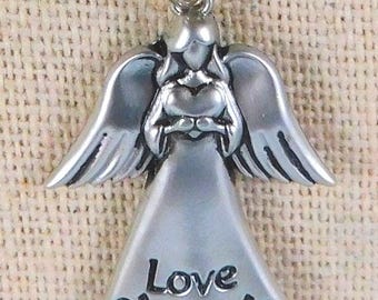 Vintage Silver Angel Pendant Necklace: "Love" Heart Charm, Reversible