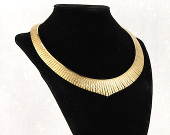 Vintage 1980s Vermeil Egyptian Bib Necklace, Textured Gold Over Sterling Collar, Nefertiti Style Statement Necklace, 16 Inch