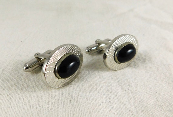 60's Anson Textured Oval Cuff Links/Black Onyx St… - image 2