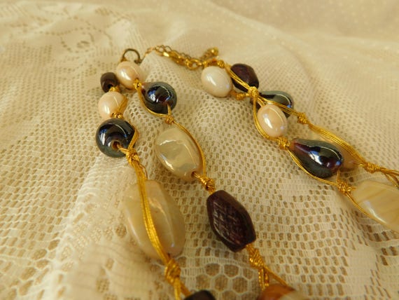 Art Glass Bead Necklace, Neutral Colortones, Bohe… - image 4