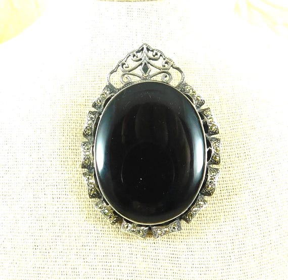 Broche Ancienne En Argent Massif 850/1000 Avec Onyx - Bijou Vintage Occasion