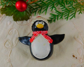 Poly Resin Penguin Brooch w/Red Cap & Scarf, Penguin Jewelry, Winter Jewelry, Christmas Brooch, Holiday Brooch, Poly Resin, Penguin Pin