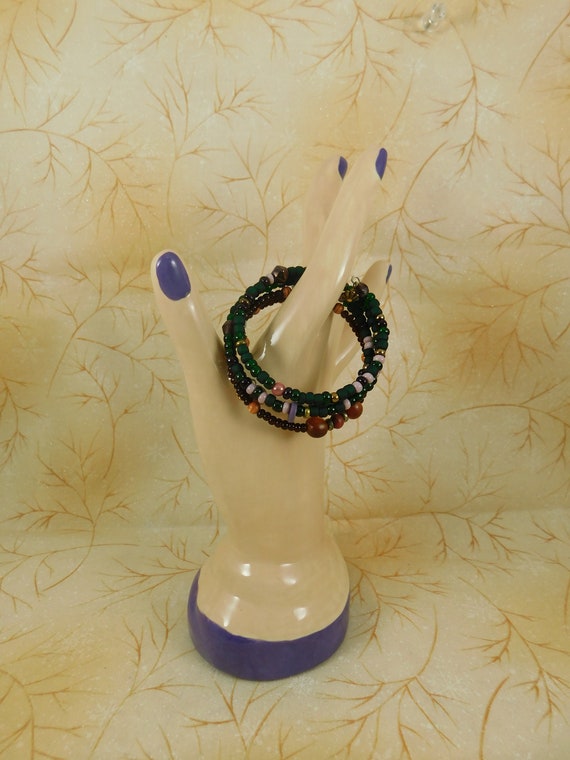 Vintage '90s Beaded Memory Wire Bracelets: Green … - image 4