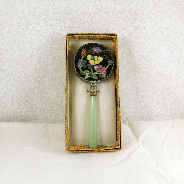 Faux Cloisonne and Jade Hand Mirror, 1960's Black Cloisonne Style Hand Painted Mirror, Butterfly & Floral Hand Mirror, Vanity Mirror