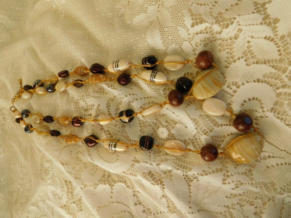 Art Glass Bead Necklace, Neutral Colortones, Bohe… - image 2