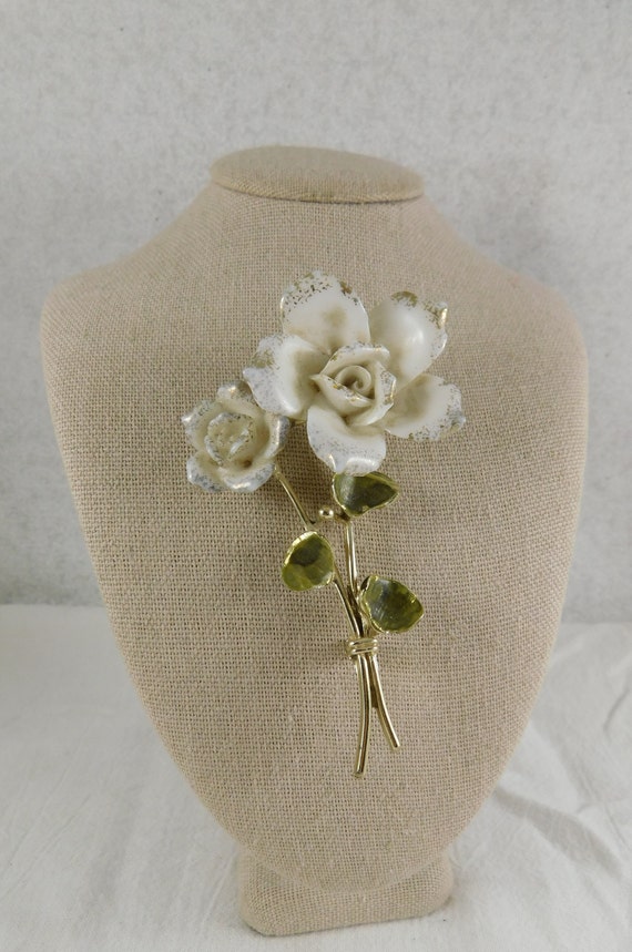 Coro 1950's Porcelain Rose Brooch, Gold Leaf on Wh