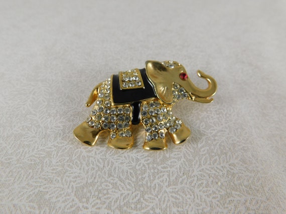Gold Plate, Enamel & Crystal Pave' Elephant Brooc… - image 3