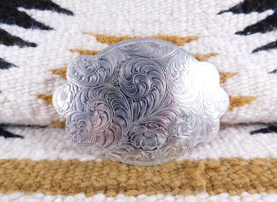 Silver Tooled Floral Western Belt Buckle, Lady's … - image 1
