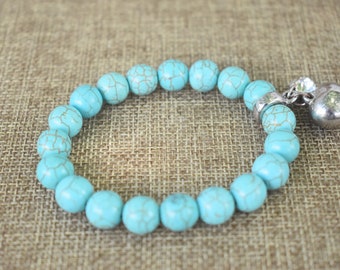 Dyed Howlite Turquoise Bracelet w/Silver Puffed Heart Charm, Stone Charm Bracelet, Chunky Cowgirl Jewelry, Stretch Bracelet, Southwest