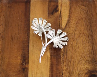 Vintage 1980s Silver Tone Dandelion Fluff Brooch, Double Stem, Textured Floral, Unmarked, Pristine