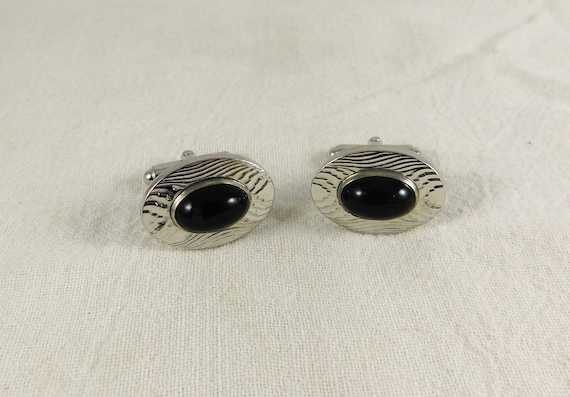60's Anson Textured Oval Cuff Links/Black Onyx St… - image 1