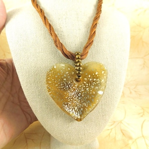 Large Art Glass Heart Necklace w/Bronze Silk Cord & Seed Bead Bail, REVERSIBLE....Silver Flakes One Side/Bronze on the Other, Valentine