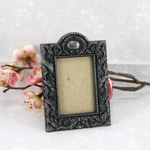 Vintage 1990&#39;s Rectangular Victorian Style Floral Mini Frame/Brooch w/Silver Florals & Fronds, Mini Frame,  Gift for Her, Mom/Grandma/Friend