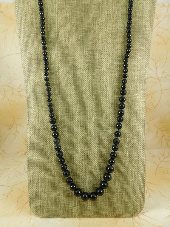 Graduated French Glass Black Jet Bead Necklace w Ster Gem