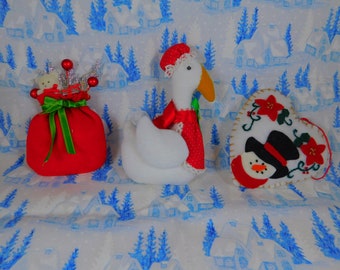 Lot of Three Stuffed Felt Christmas Ornaments....Goose-Snowman-Tiny Bear, Embroidered Ornaments, Christmas Tree, Felt Ornaments, Textile