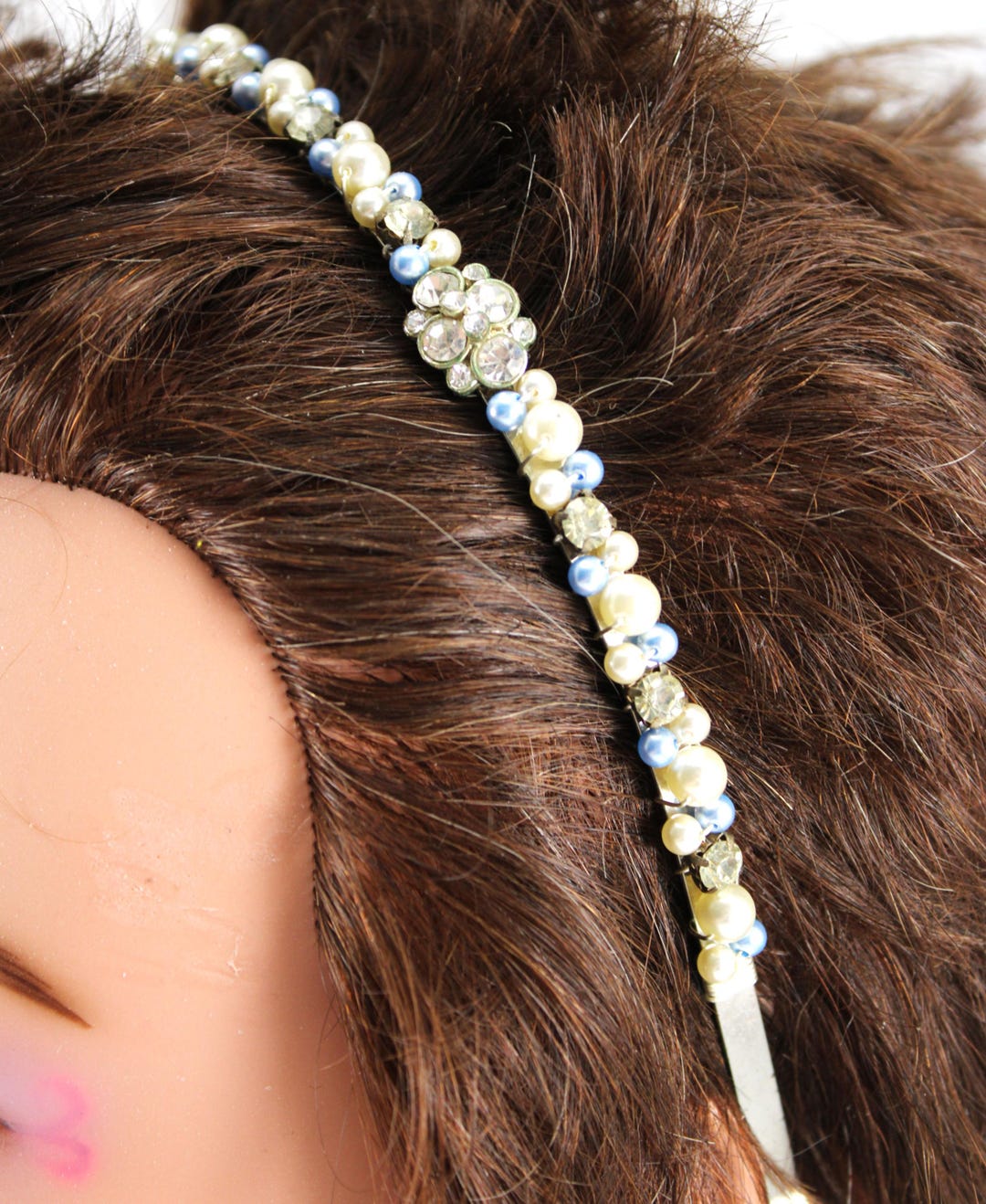 Vintage Early 2000s Silver Crystal & Faux Pearl Beaded 