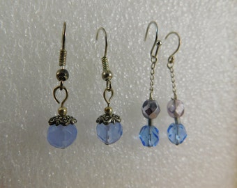 Two Pair of Blue/Lavender Beaded Dangle Earrings-Glass, Stone & Sterling, Beaded Earrings, Two Pair, Moonstone, 925, 1 and 2 Bead Drops