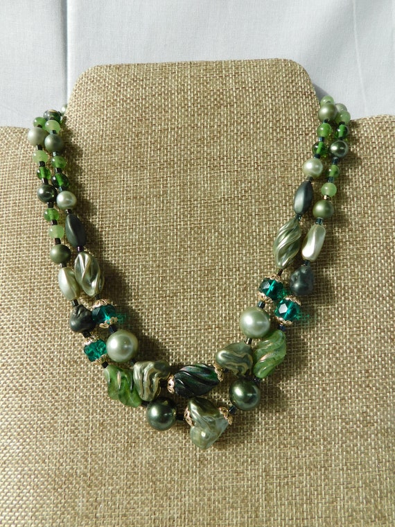 50's Sage Green Double Strand Acrylic and Glass Ne