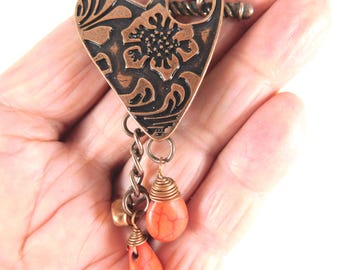 Vintage Antiqued Copper Heart Necklace: Bohemian Stamped Jewelry, Red Howlite