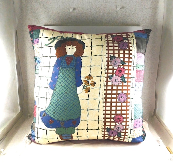 Vintage 1980s Country Girl Pillow, Floral Apron Sun Hat Cushion, Cottagecore Farmhouse Decor