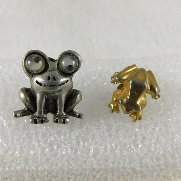 Two Single Froggie Stud Earrings Vintage/Not a Pair, Cartoon Pewter-Like Frog w/Google Eyes that Move & Brass Life-Like Frog, Single Studs,