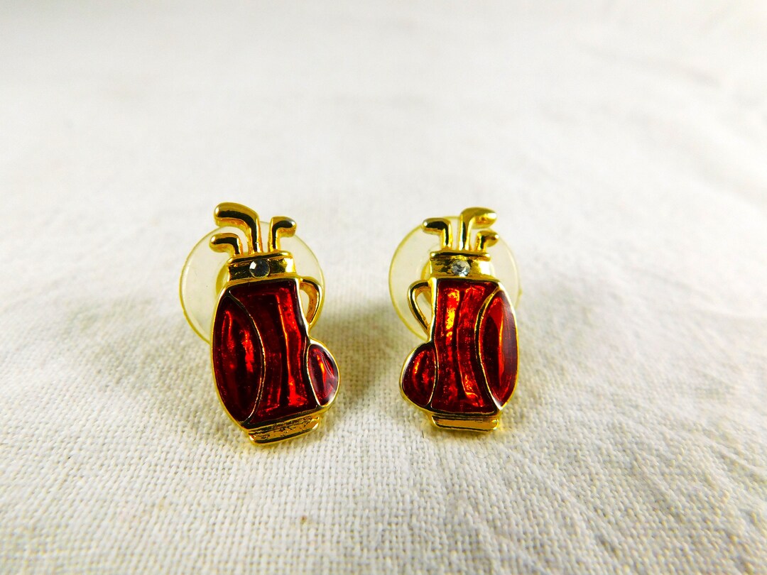 Lady Golfer's Gold Plate & Enamel Earring Studs, Golf Bag and Putters