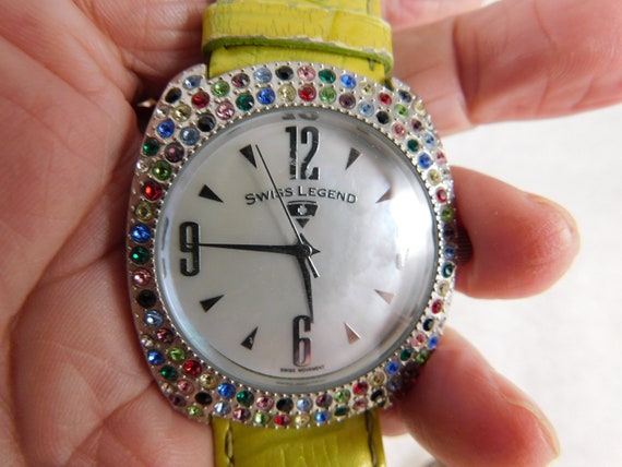 Large Crystal Pave Face Swiss Legend Watch W chartreuse Colored Band Swiss Mvmt. Stainless Steel Genuine Leather Band Swiss Legend Etsy Australia