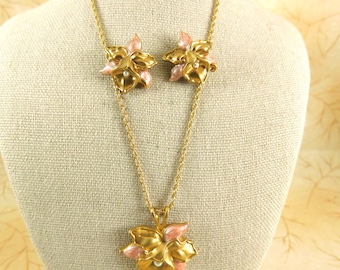 Vintage 80s Gold Plated Enamel Orchid Necklace and Earrings Set, Faux Pearl Centers