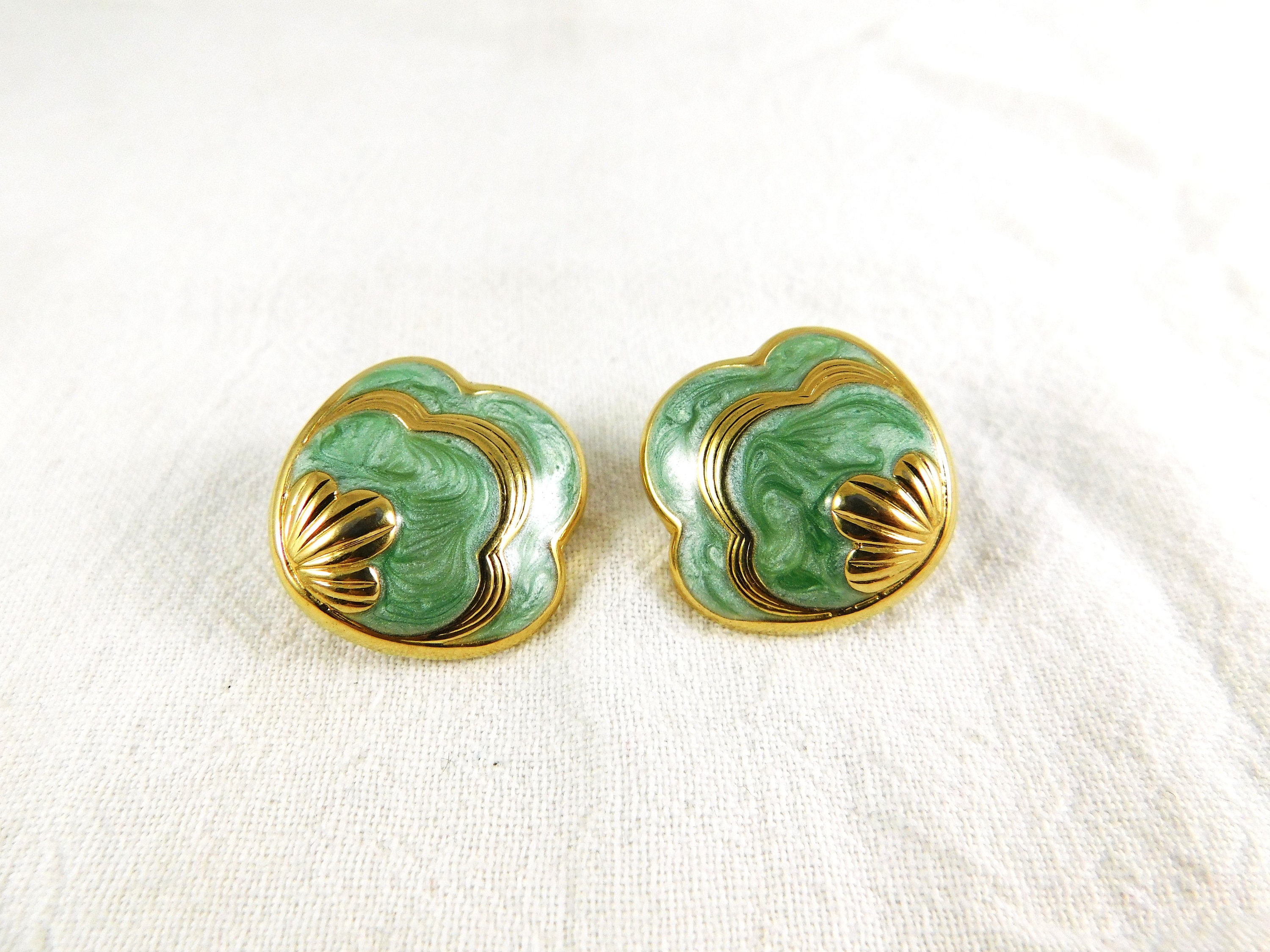 Clips D'oreille Vintage Années 80 - Métal Doré émail Vert 30x30mm, Occasion