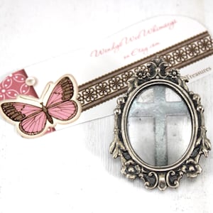Vintage 1940&#39;s Oval Victorian Style Mini Frame Brooch w/Silver Florals, Miniature Frames, Silver Frame/Brooch, Photo Slides in from the Top.