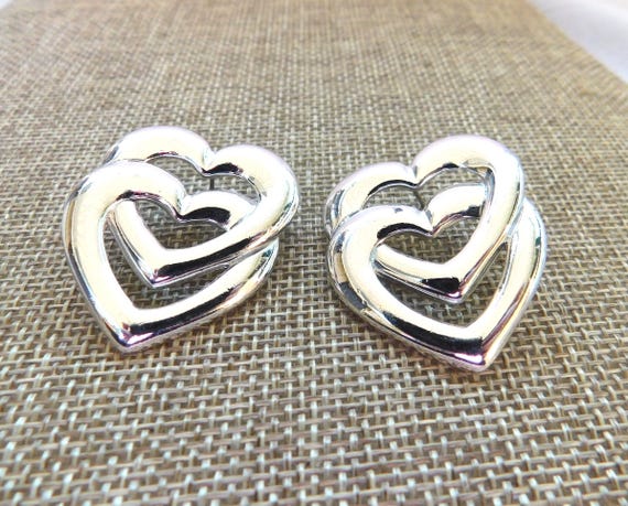 Vintage Silver Interlocking Double Heart Earrings… - image 1