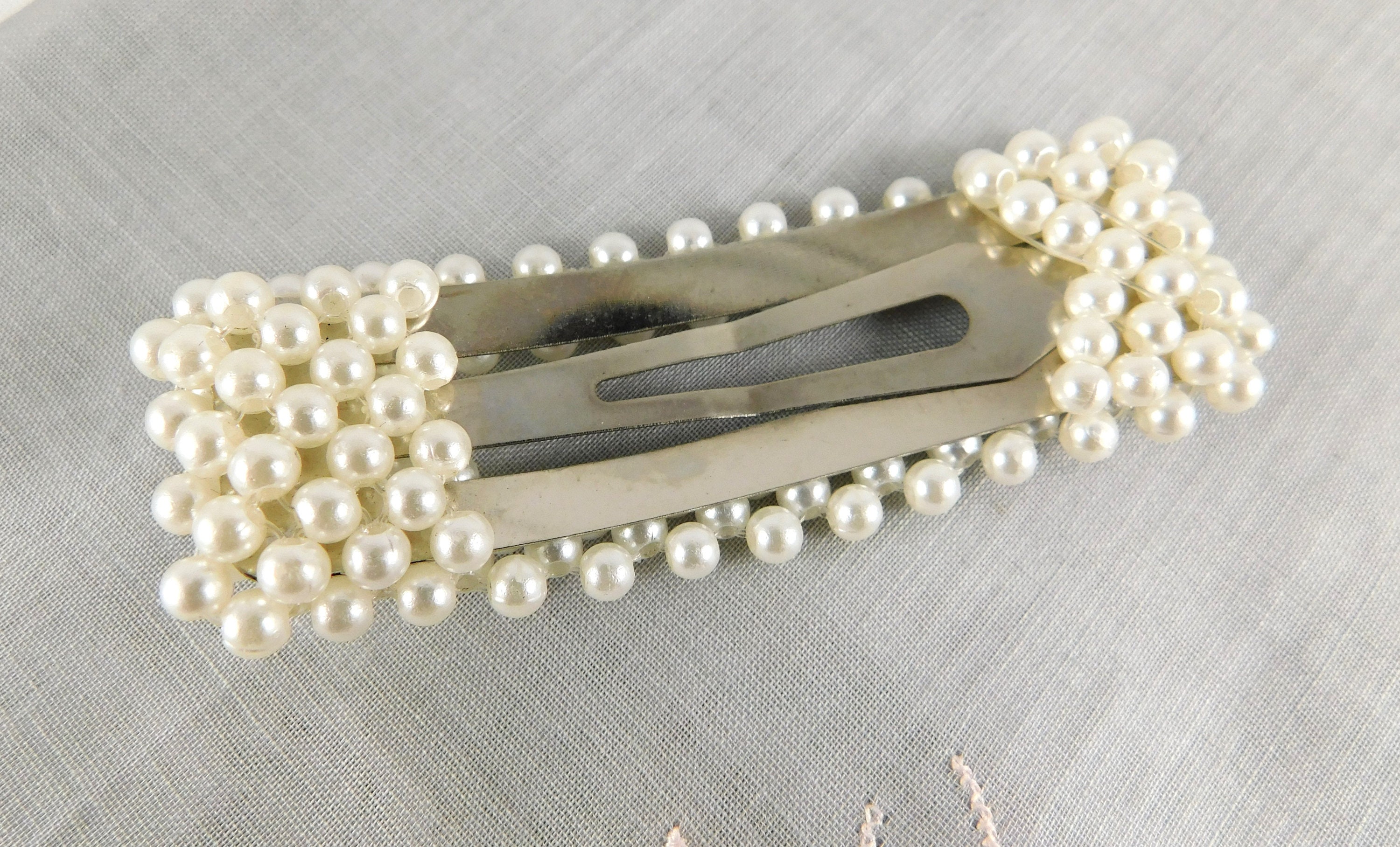 Estate Vintage Silver Faux Pearl and Rhinestone French Clip Hair Barrette 3.5\