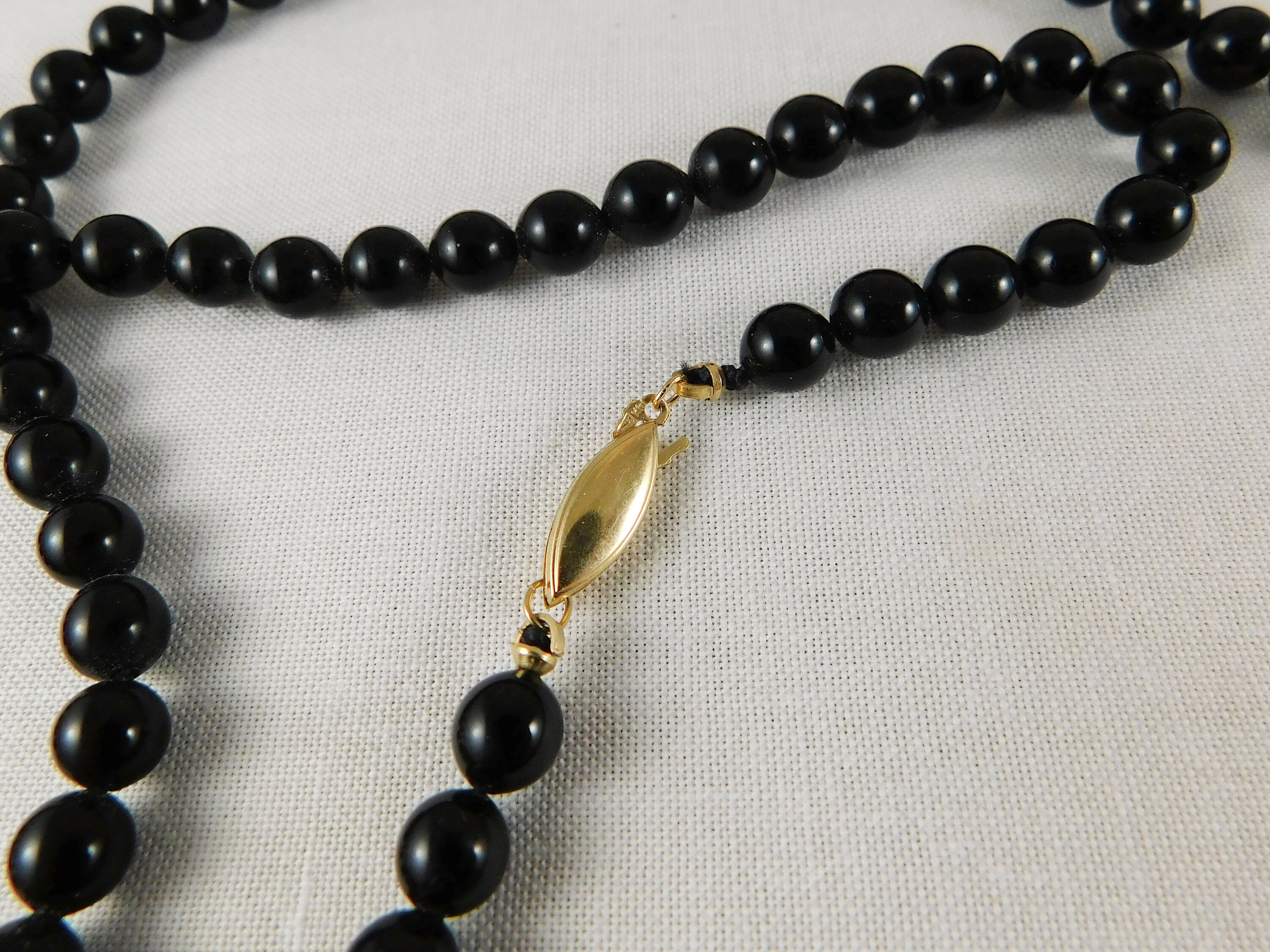 French Glass/black Jet Bead Necklace W/gold Victorian Clasp