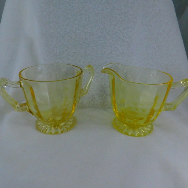 Yellow "Canary" Depression Ware Sugar & Creamer w/Etched Grape Clusters~Both Sides, 1930's Sugar and Creamer Set, Vintage Serve Ware, Grape