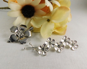 Lot of 2....One Small Jeweled Silver Floral Hair Clip w/Tiny Clear Crystal Center & One Textured Aluminum Floral Barrette w/Crystal Centers