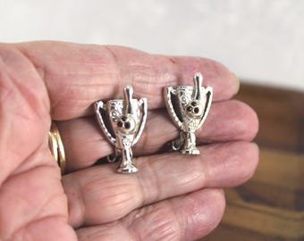 Vintage 1970s Silver Bowling Award Clip-On Earrings, Gold & Garnet Colored Accents, 1 Inch