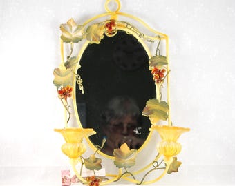 Vintage 1980s Candle Sconce Mirror, Victorian Style Wall Decor, Floral Candle Holders, Grape Vine Metal Wall Hanging, Rustic Farmhouse Decor