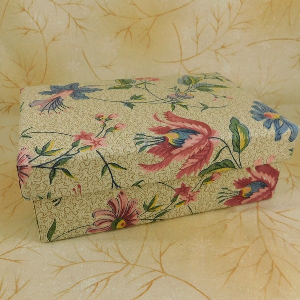 Beige, Pink & Blue Floral Fabric Craft Box, Trinket Box, Craft Box, Sewing Box, Project Box, Jewelry Box, Floral Motif