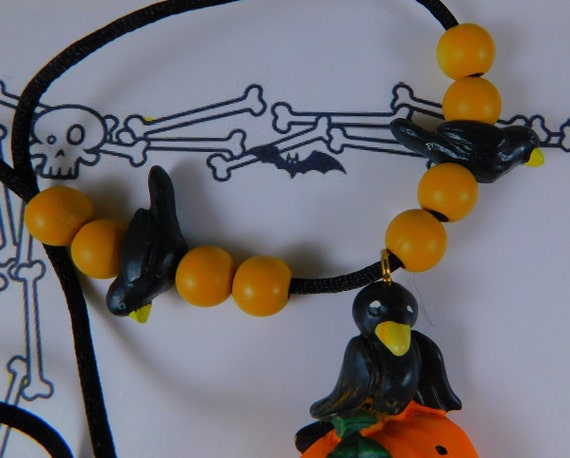 Painted Poly Resin Jack-O-Lantern & Crow Necklace… - image 4