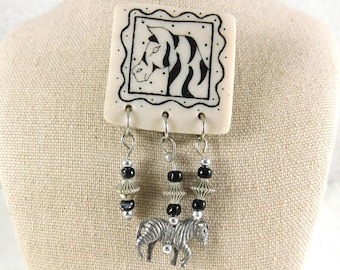 Vintage '90s Zebra Brooch with Silver & Glass Dangles: African Safari Jewelry