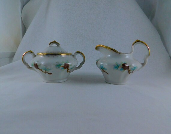 Vintage Pine Cone Creamer and Sugar Set: Gold Accents, Tea  Antique Golden Pine Sugar and Creamer Set Gold main image 0