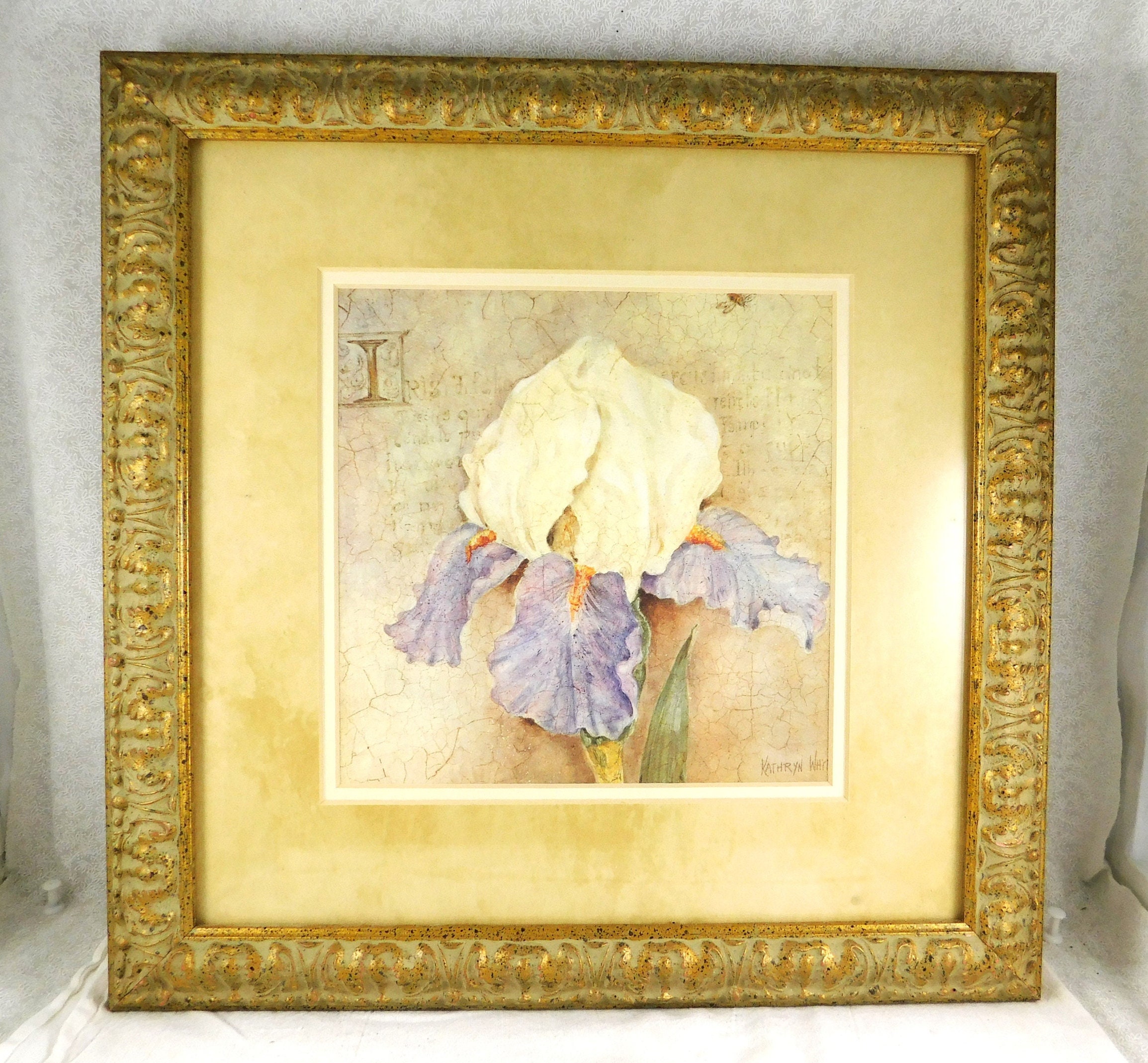 KATHRYN WHITE作の絵画 Vintage '80s Kathryn White Iris & Bee Art